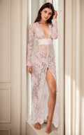 Sheer Floral Lace Long Sleeve Bridal Robe with Satin Waist Tie - Luzilly Bridal & Apparel