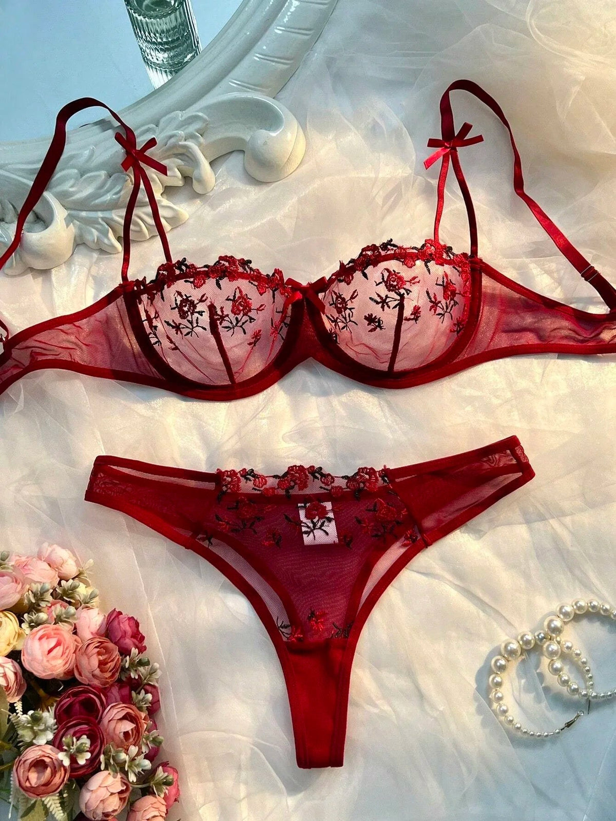 Sheer Half-Cup Lace Bra Set - Luzilly Bridal & Apparel