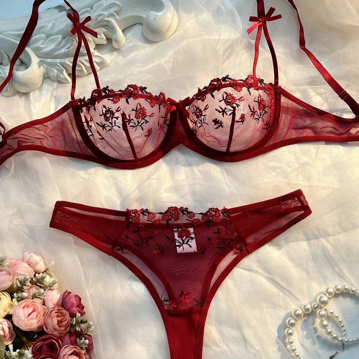 Sheer Half-Cup Lace Bra Set - Luzilly Bridal & Apparel