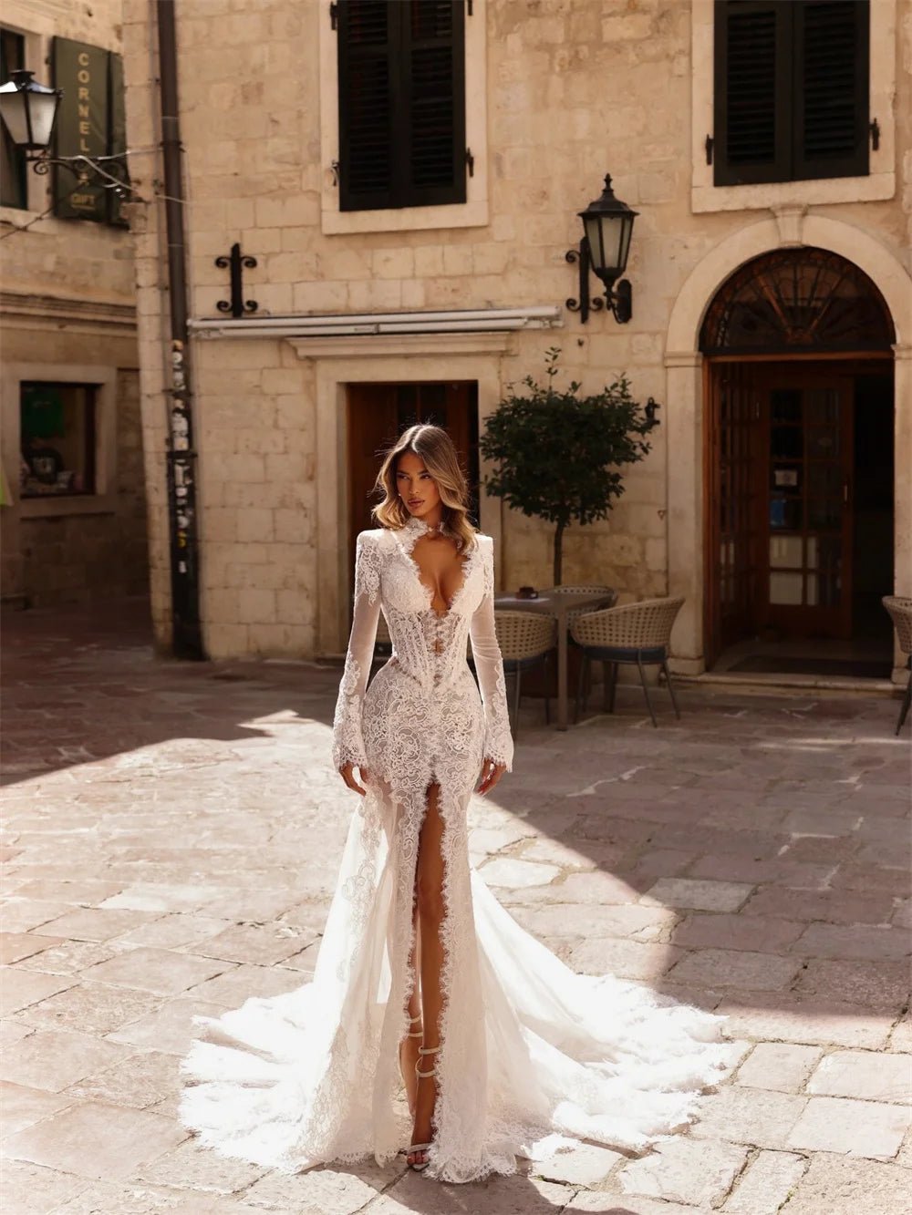 Sheer Lace Deep V Boho Wedding Dress with Slit - Luzilly Bridal & Apparel