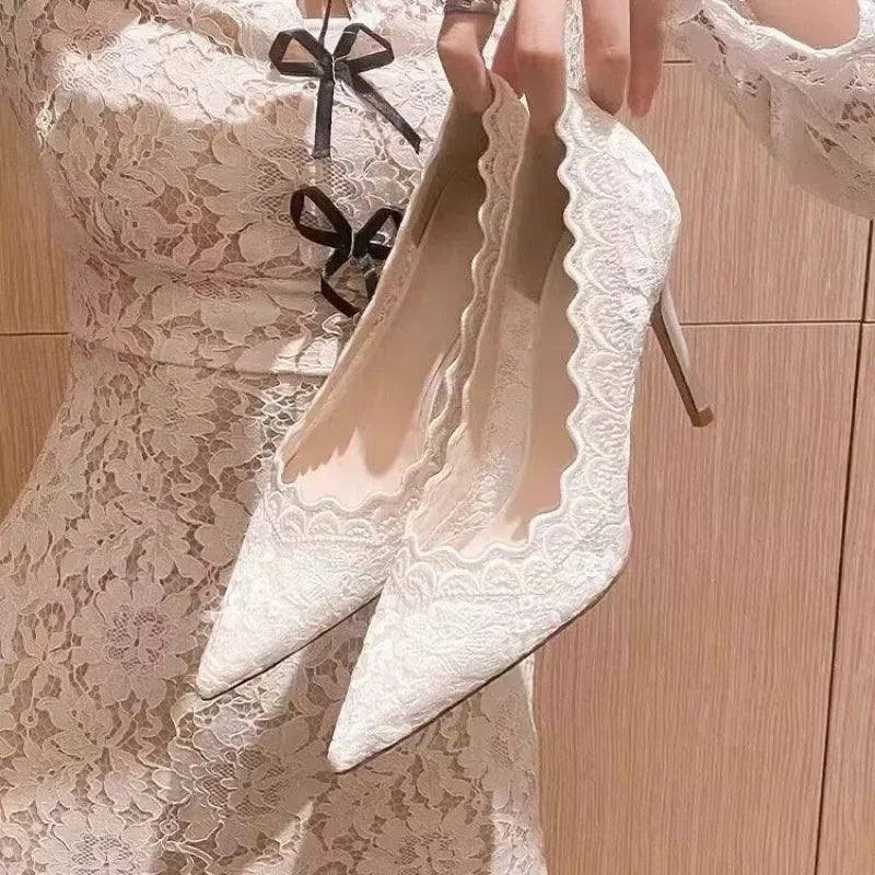 Sheer Lace Pointed-Toe Bridal Banquet Heels - Luzilly Bridal & Apparel