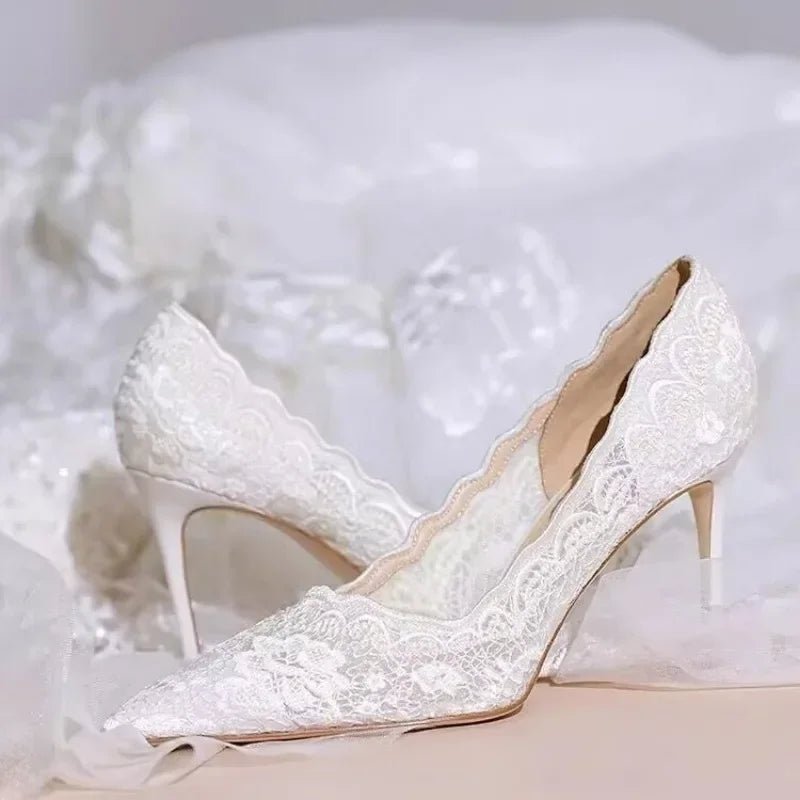 Sheer Lace Pointed-Toe Bridal Banquet Heels - Luzilly Bridal & Apparel