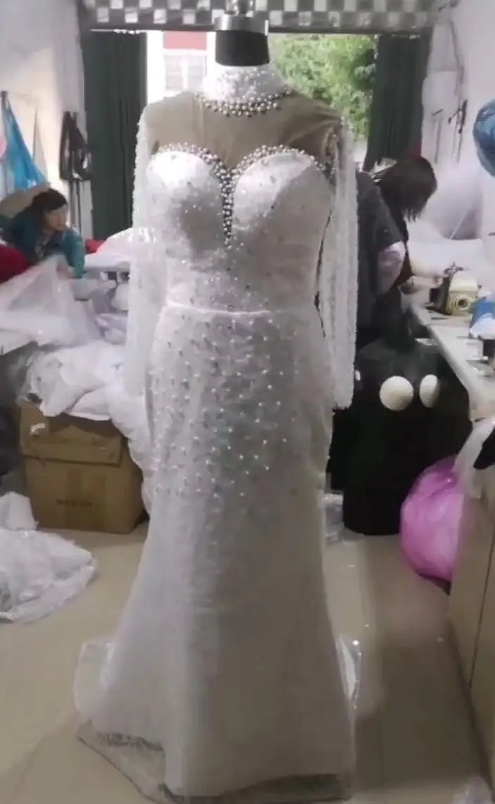 Sheer Long Sleeve High-Neck Mermaid Wedding Dress with Detachable Train - Luzilly Bridal & Apparel