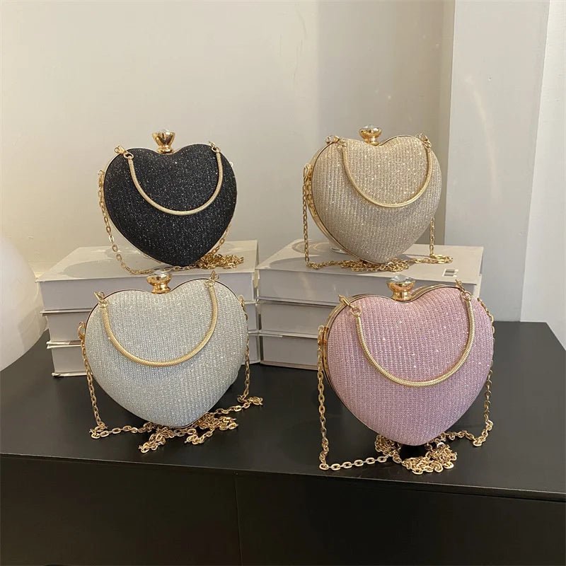 Shiny Heart Shape Metal Evening Clutch Bag for Women | Fashion Chain Shoulder Crossbody Bag (Luxury Lady Purse) - Luzilly Bridal & Apparel