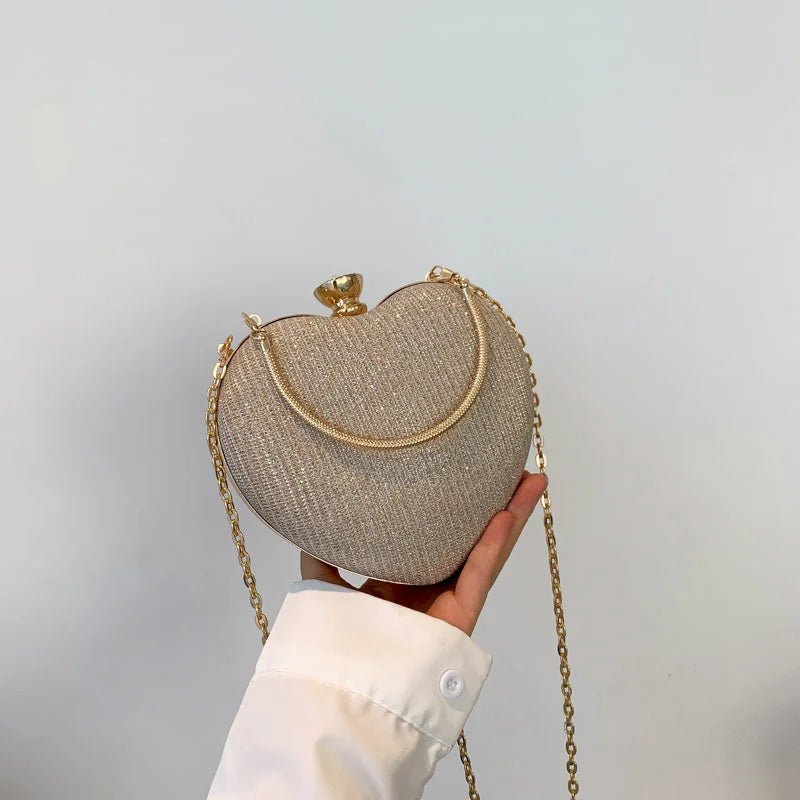 Shiny Heart Shape Metal Evening Clutch Bag for Women | Fashion Chain Shoulder Crossbody Bag (Luxury Lady Purse) - Luzilly Bridal & Apparel