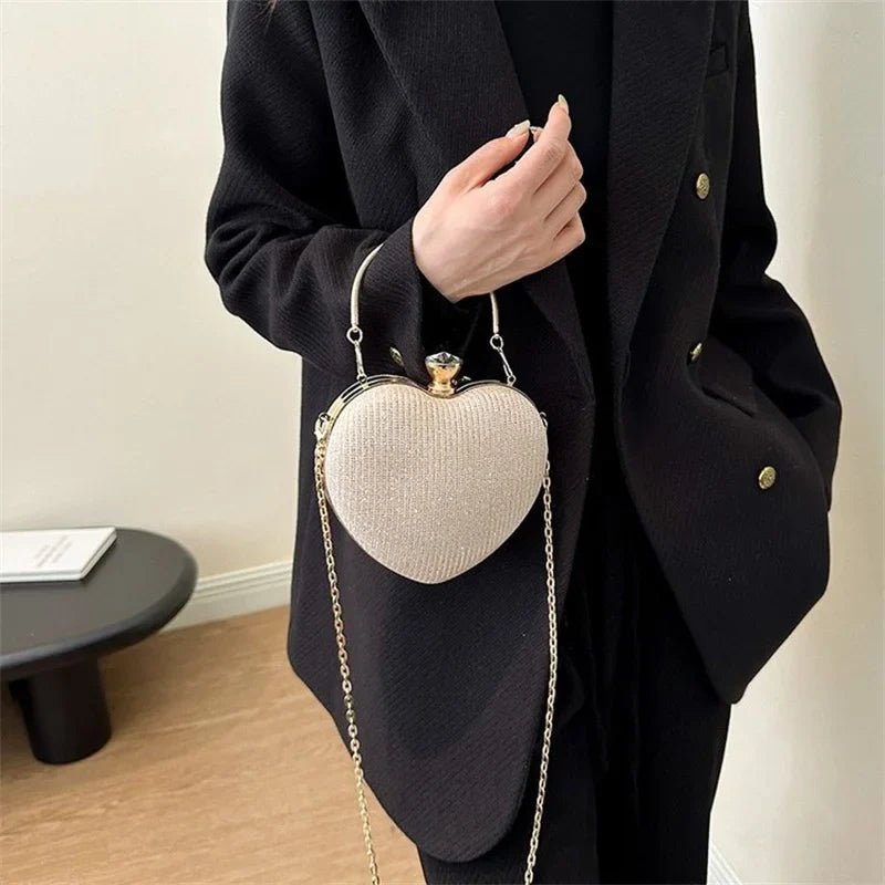 Shiny Heart Shape Metal Evening Clutch Bag for Women | Fashion Chain Shoulder Crossbody Bag (Luxury Lady Purse) - Luzilly Bridal & Apparel