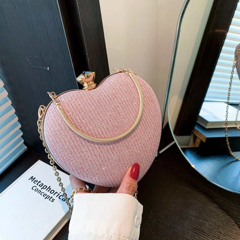 Shiny Heart Shape Metal Evening Clutch Bag for Women | Fashion Chain Shoulder Crossbody Bag (Luxury Lady Purse) - Luzilly Bridal & Apparel