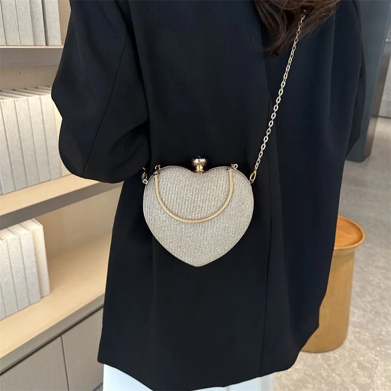 Shiny Heart Shape Metal Evening Clutch Bag for Women | Fashion Chain Shoulder Crossbody Bag (Luxury Lady Purse) - Luzilly Bridal & Apparel