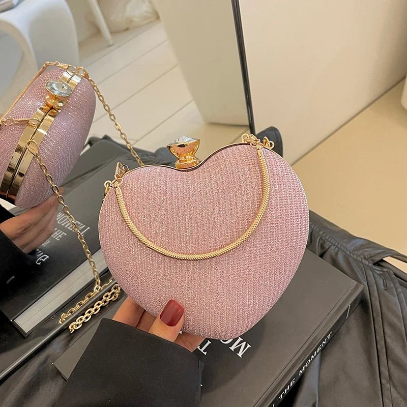 Shiny Heart Shape Metal Evening Clutch Bag for Women | Fashion Chain Shoulder Crossbody Bag (Luxury Lady Purse) - Luzilly Bridal & Apparel