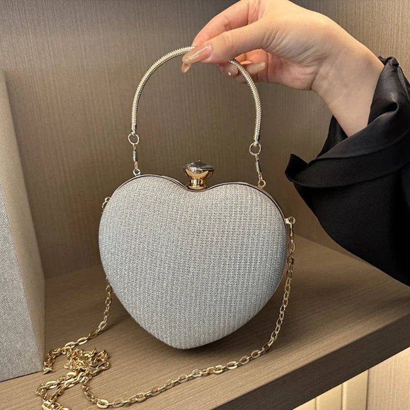Shiny Heart Shape Metal Evening Clutch Bag for Women | Fashion Chain Shoulder Crossbody Bag (Luxury Lady Purse) - Luzilly Bridal & Apparel