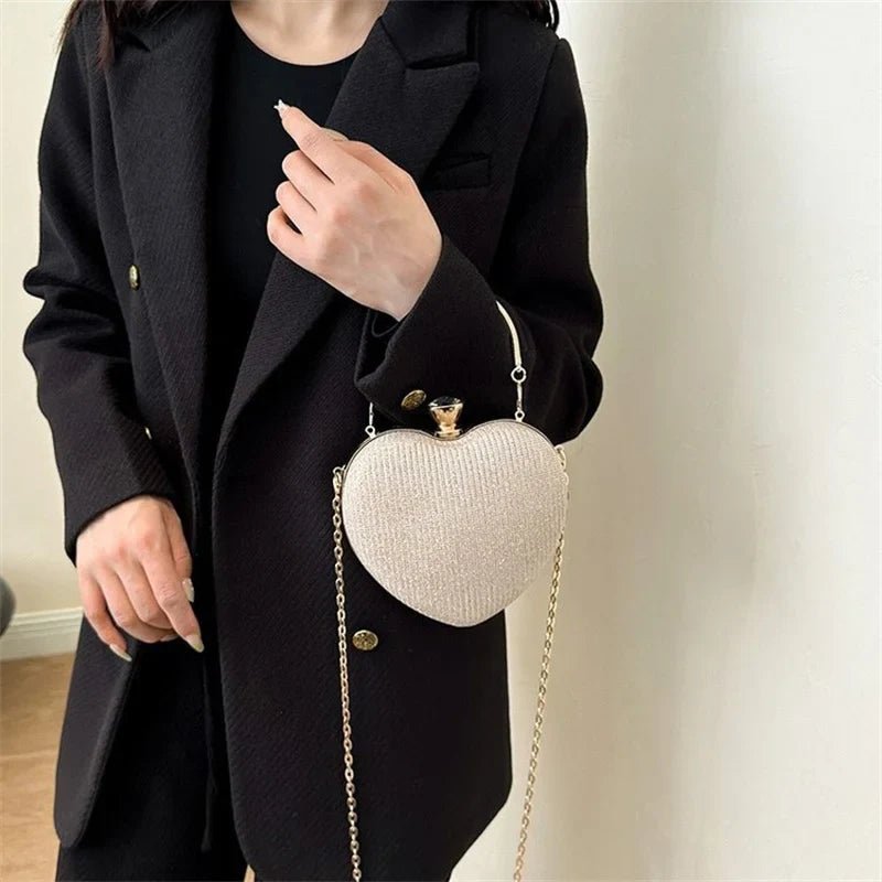 Shiny Heart Shape Metal Evening Clutch Bag for Women | Fashion Chain Shoulder Crossbody Bag (Luxury Lady Purse) - Luzilly Bridal & Apparel