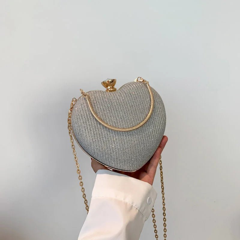 Shiny Heart Shape Metal Evening Clutch Bag for Women | Fashion Chain Shoulder Crossbody Bag (Luxury Lady Purse) - Luzilly Bridal & Apparel