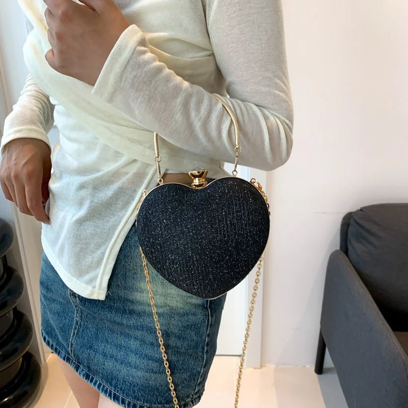 Shiny Heart Shape Metal Evening Clutch Bag for Women | Fashion Chain Shoulder Crossbody Bag (Luxury Lady Purse) - Luzilly Bridal & Apparel
