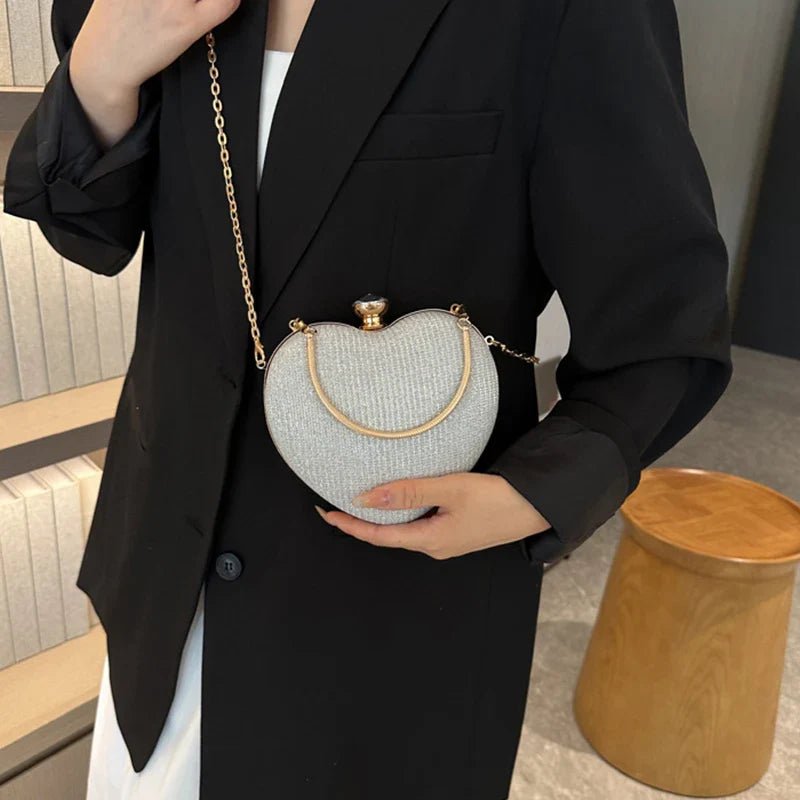 Shiny Heart Shape Metal Evening Clutch Bag for Women | Fashion Chain Shoulder Crossbody Bag (Luxury Lady Purse) - Luzilly Bridal & Apparel