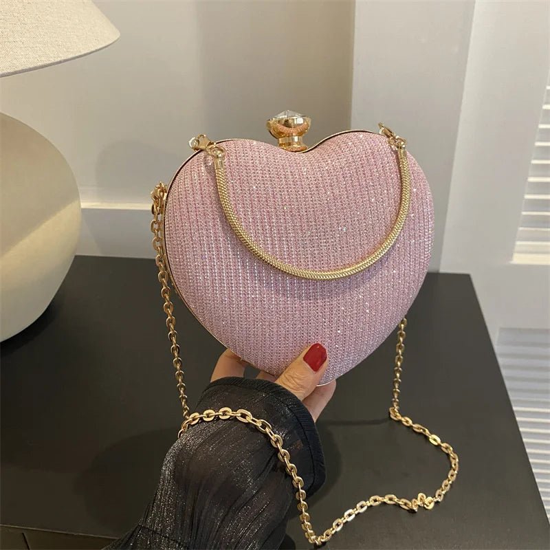 Shiny Heart Shape Metal Evening Clutch Bag for Women | Fashion Chain Shoulder Crossbody Bag (Luxury Lady Purse) - Luzilly Bridal & Apparel