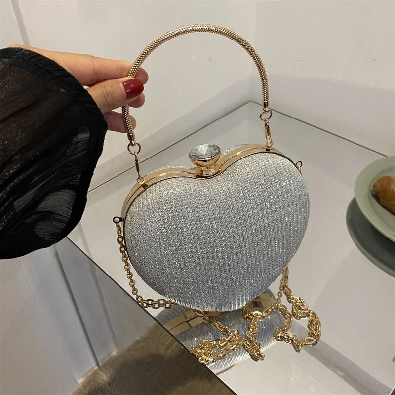 Shiny Heart Shape Metal Evening Clutch Bag for Women | Fashion Chain Shoulder Crossbody Bag (Luxury Lady Purse) - Luzilly Bridal & Apparel