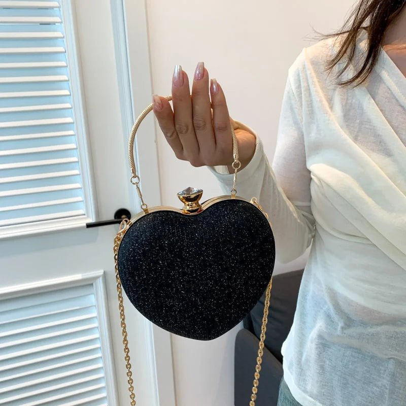Shiny Heart Shape Metal Evening Clutch Bag for Women | Fashion Chain Shoulder Crossbody Bag (Luxury Lady Purse) - Luzilly Bridal & Apparel