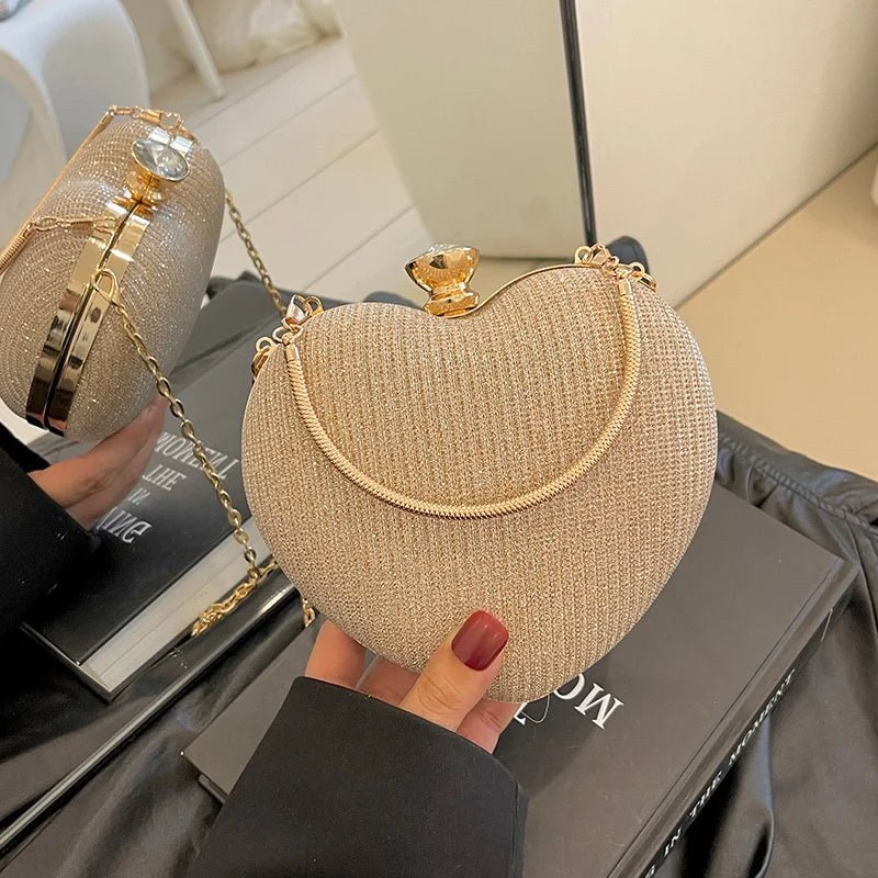 Shiny Heart Shape Metal Evening Clutch Bag for Women | Fashion Chain Shoulder Crossbody Bag (Luxury Lady Purse) - Luzilly Bridal & Apparel