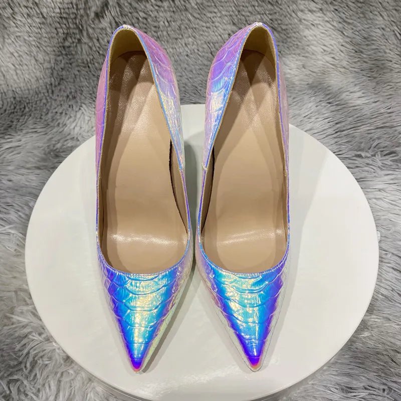 Shiny Silver Crocodile Effect Women Pointy Toe High Heel Shoes Sexy Stiletto Pumps for Wedding Party - Luzilly Bridal & Apparel