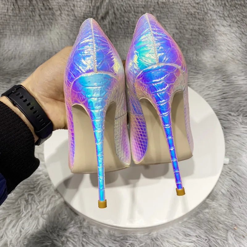 Shiny Silver Crocodile Effect Women Pointy Toe High Heel Shoes Sexy Stiletto Pumps for Wedding Party - Luzilly Bridal & Apparel