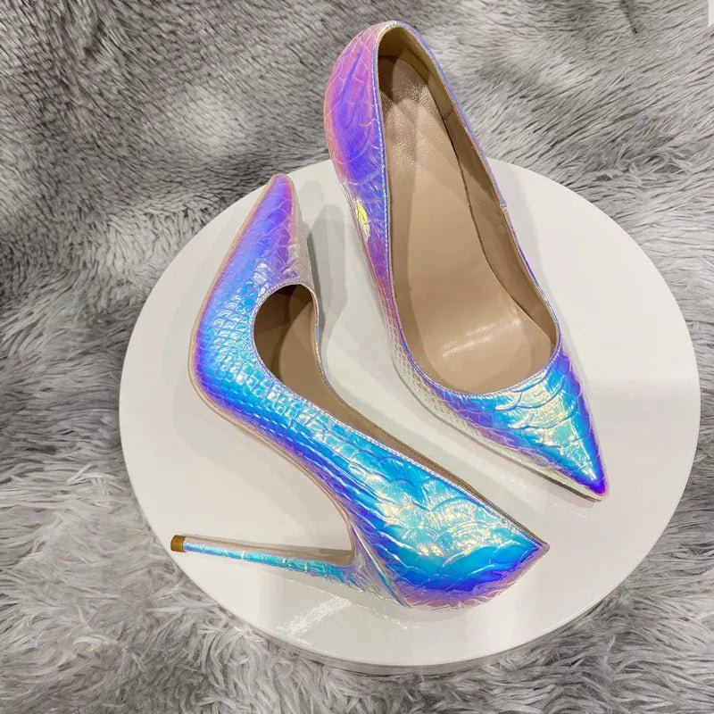 Shiny Silver Crocodile Effect Women Pointy Toe High Heel Shoes Sexy Stiletto Pumps for Wedding Party - Luzilly Bridal & Apparel