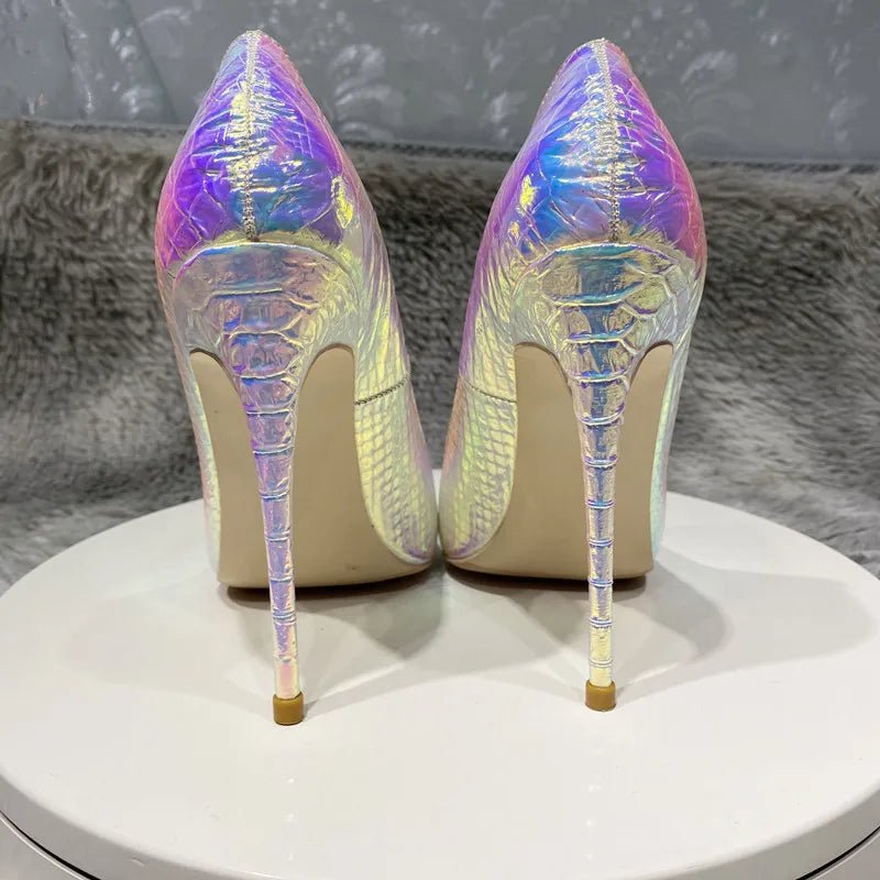 Shiny Silver Crocodile Effect Women Pointy Toe High Heel Shoes Sexy Stiletto Pumps for Wedding Party - Luzilly Bridal & Apparel