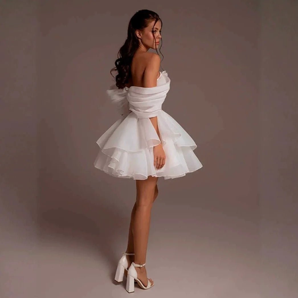 Short Off-Shoulder Tiered Lace Wedding Dress - Luzilly Bridal & Apparel
