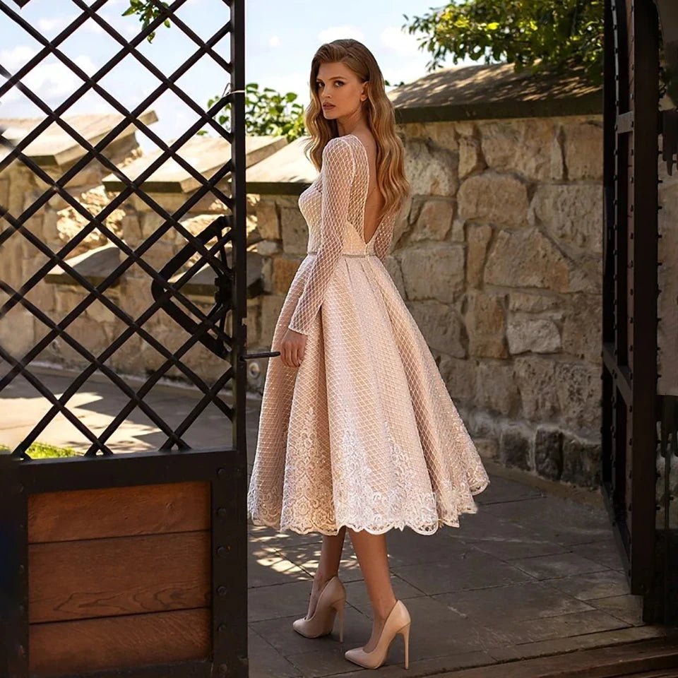 Short Pink Appliqué Long-Sleeve Party Dress - Luzilly Bridal & Apparel