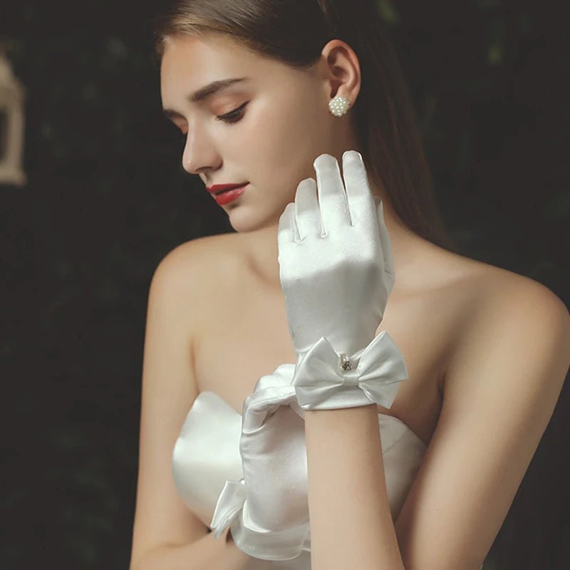 Short Satin Bridal Gloves with Bow and Pearl Pendant - Luzilly Bridal & Apparel