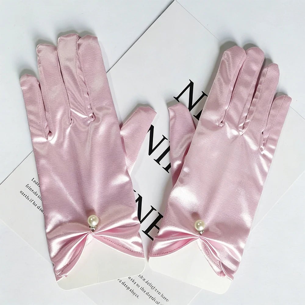 Short Satin Bridal Gloves with Pearls and Bows - Luzilly Bridal & Apparel