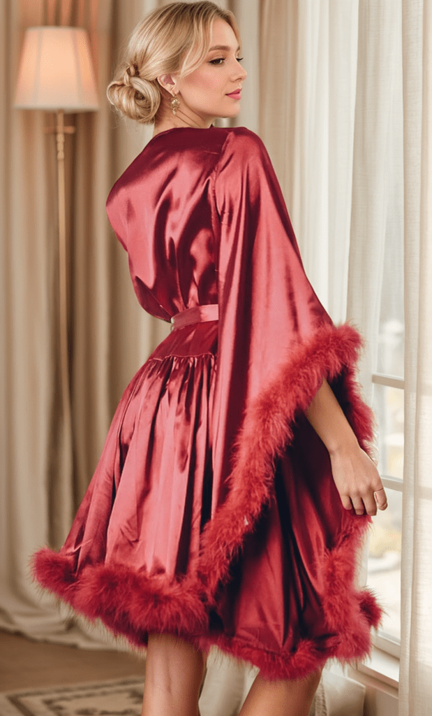 Short Satin Feather Robe – Holiday Photoshoot, Christmas Gift, Glam Party Outfit - Luzilly Bridal & Apparel