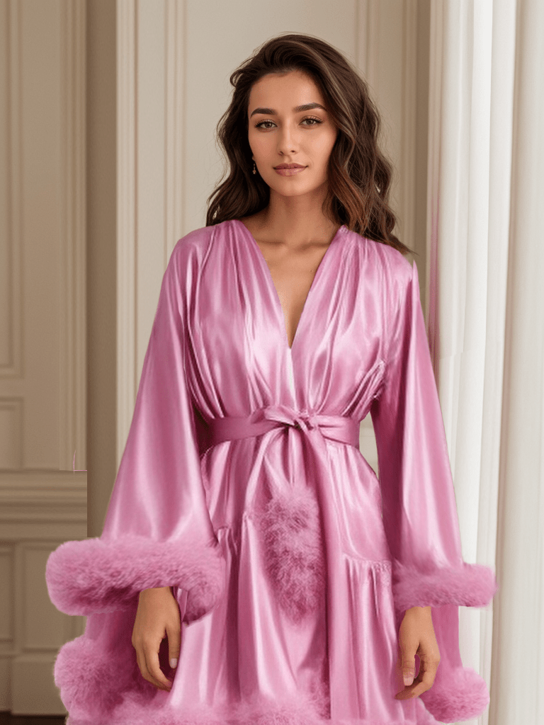 Short Satin Feather Robe – Holiday Photoshoot, Christmas Gift, Glam Party Outfit - Luzilly Bridal & Apparel