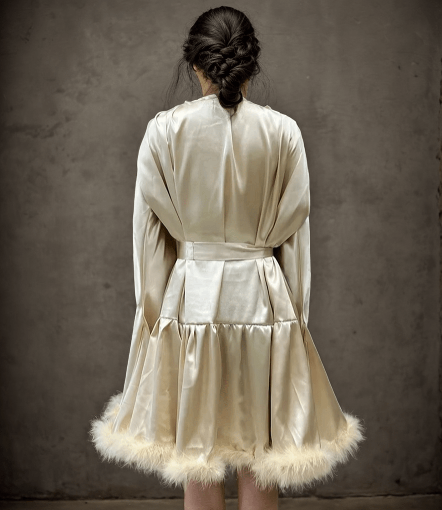 Short Satin Feather Robe – Holiday Photoshoot, Christmas Gift, Glam Party Outfit - Luzilly Bridal & Apparel