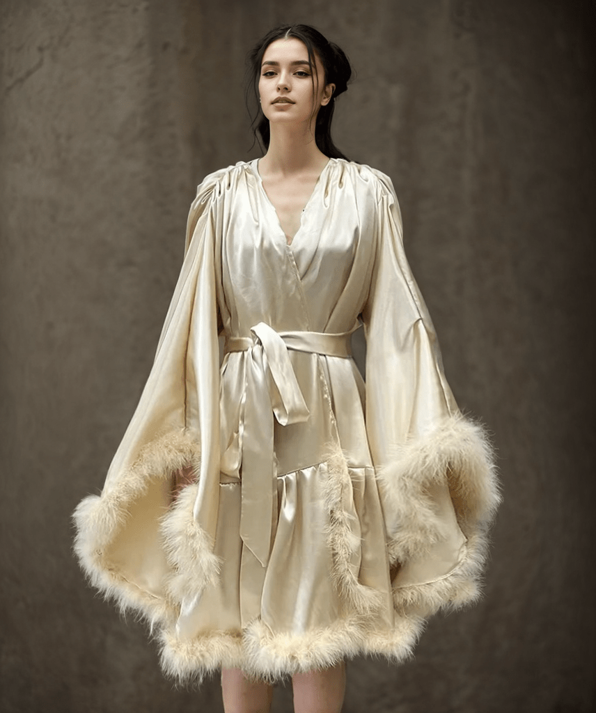Short Satin Feather Robe – Holiday Photoshoot, Christmas Gift, Glam Party Outfit - Luzilly Bridal & Apparel