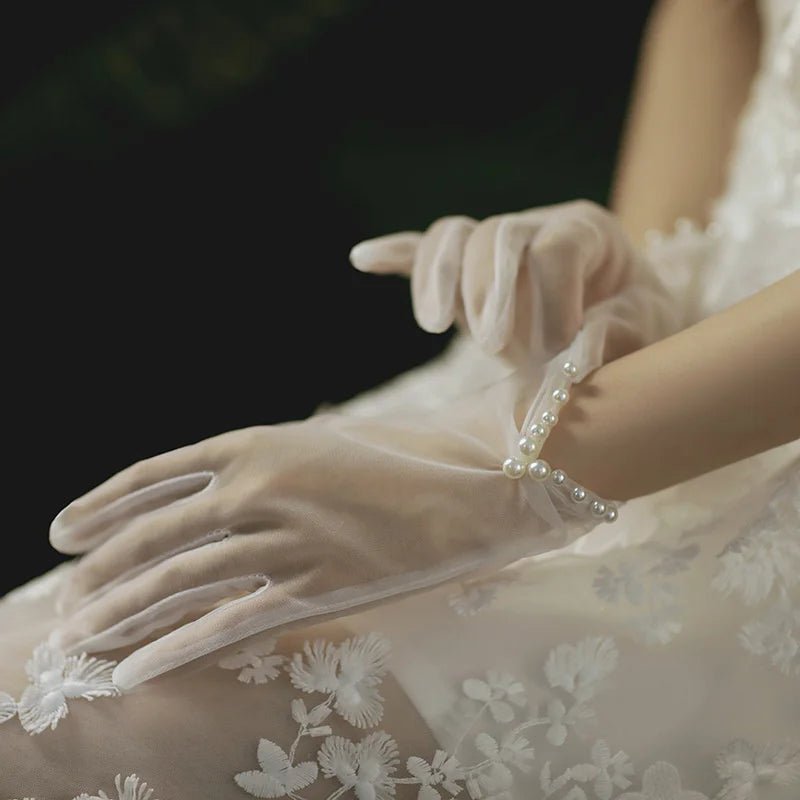Short Sheer Mesh and Lace Bridal Gloves - Luzilly Bridal & Apparel
