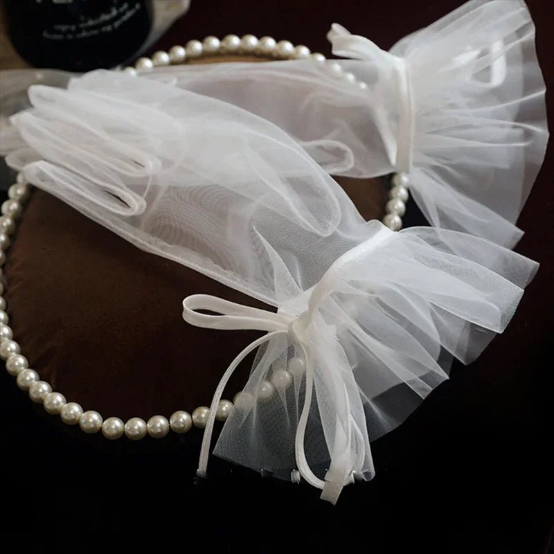 Short Sheer Mesh and Lace Bridal Gloves - Luzilly Bridal & Apparel