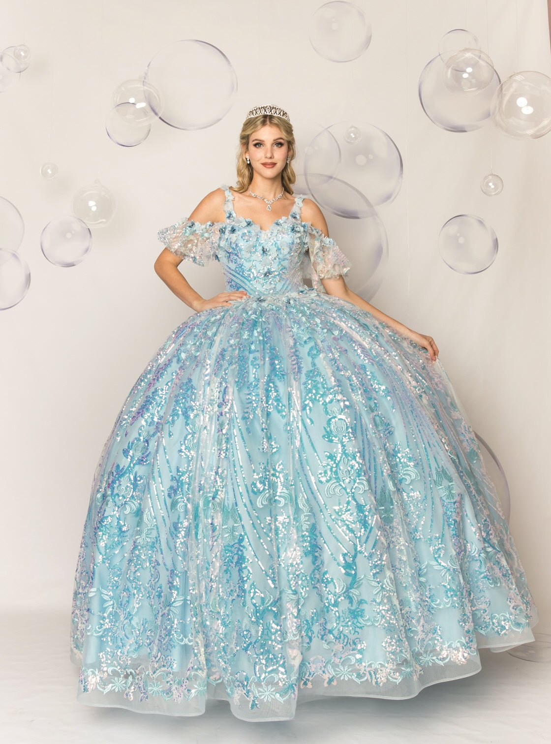 Short-Sleeve Floral Quinceañera Ball Gown - Luzilly Bridal & Apparel