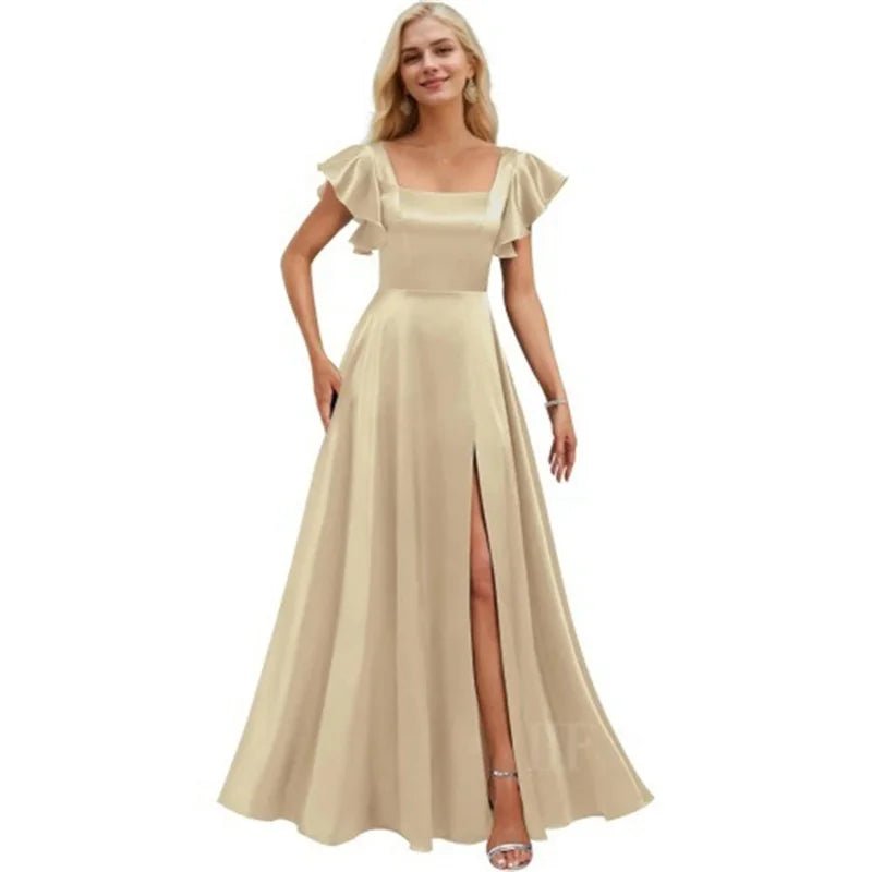 Short-Sleeve Satin A-Line Bridesmaid Dress with Slit - Luzilly Bridal & Apparel