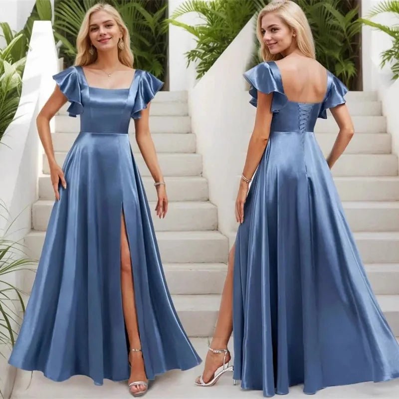 Short-Sleeve Satin A-Line Bridesmaid Dress with Slit - Luzilly Bridal & Apparel