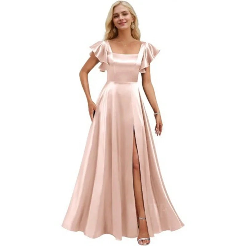 Short-Sleeve Satin A-Line Bridesmaid Dress with Slit - Luzilly Bridal & Apparel