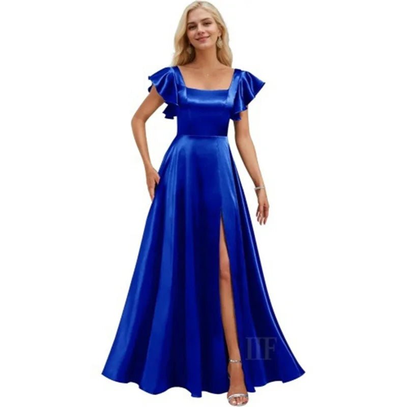 Short-Sleeve Satin A-Line Bridesmaid Dress with Slit - Luzilly Bridal & Apparel