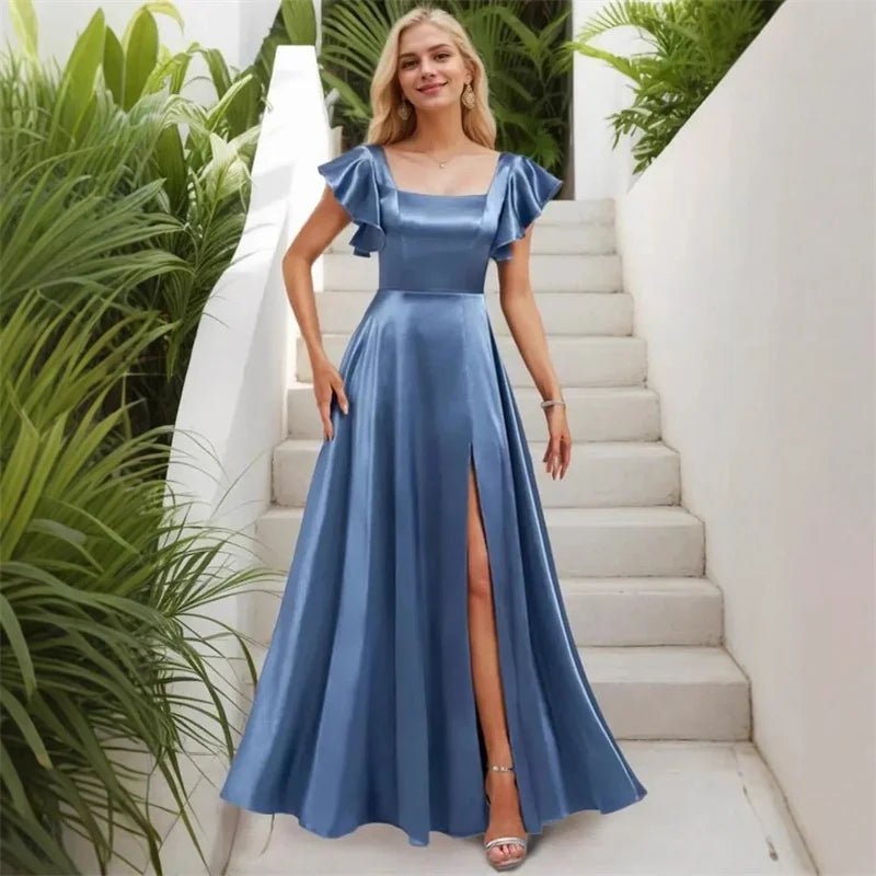 Short-Sleeve Satin A-Line Bridesmaid Dress with Slit - Luzilly Bridal & Apparel