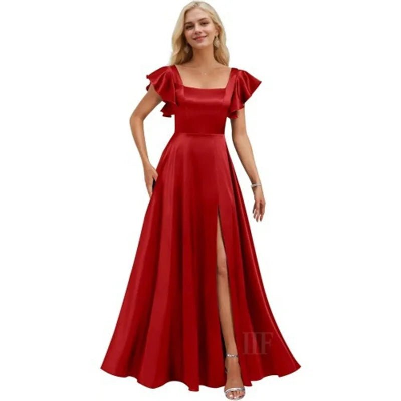 Short-Sleeve Satin A-Line Bridesmaid Dress with Slit - Luzilly Bridal & Apparel