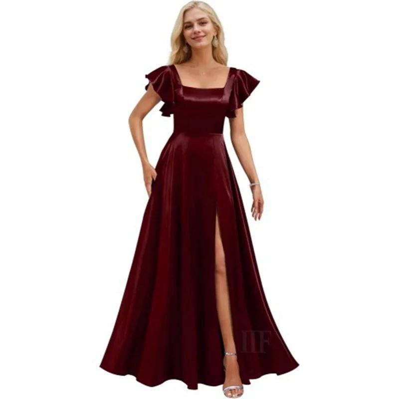 Short-Sleeve Satin A-Line Bridesmaid Dress with Slit - Luzilly Bridal & Apparel