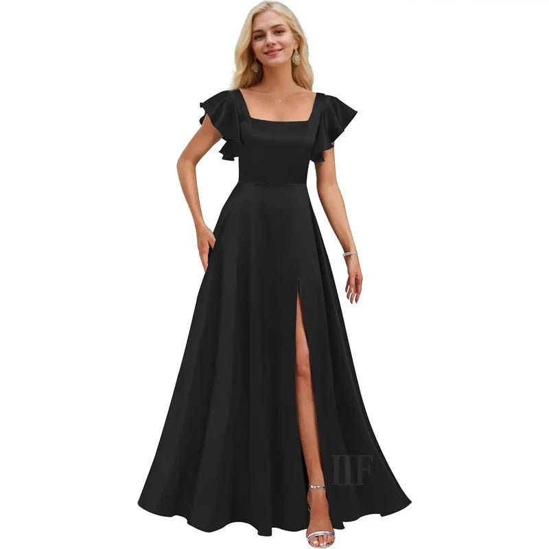 Short-Sleeve Satin A-Line Bridesmaid Dress with Slit - Luzilly Bridal & Apparel
