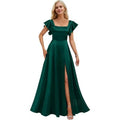 Short-Sleeve Satin A-Line Bridesmaid Dress with Slit - Luzilly Bridal & Apparel