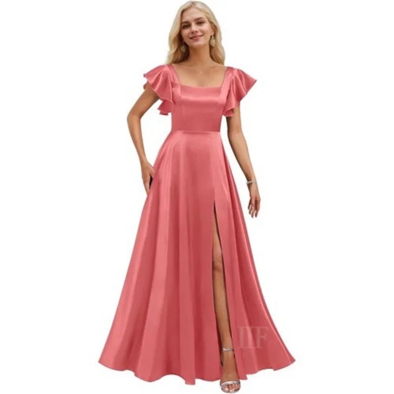 Short-Sleeve Satin A-Line Bridesmaid Dress with Slit - Luzilly Bridal & Apparel