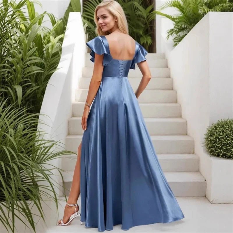Short-Sleeve Satin A-Line Bridesmaid Dress with Slit - Luzilly Bridal & Apparel