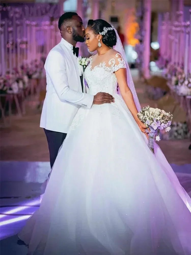 Short Sleeve Sheer Neck Applique Wedding Dress - Luzilly Bridal & Apparel