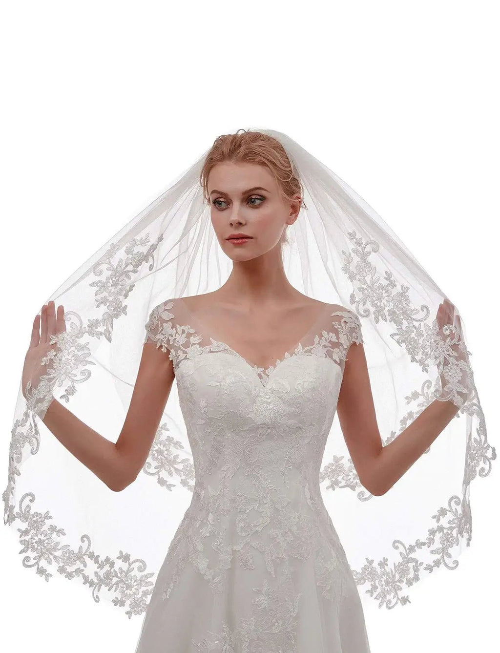 Short Two-Tier Lace Wedding Veil with Comb - Luzilly Bridal & Apparel